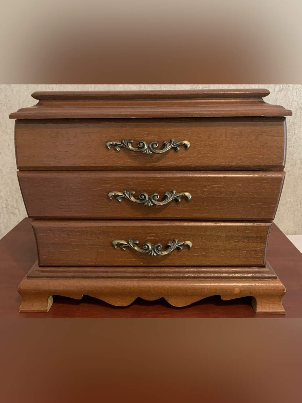 Vintage Musical Jewelry Box Japan Wooden Ornate Brass tone handles working Music